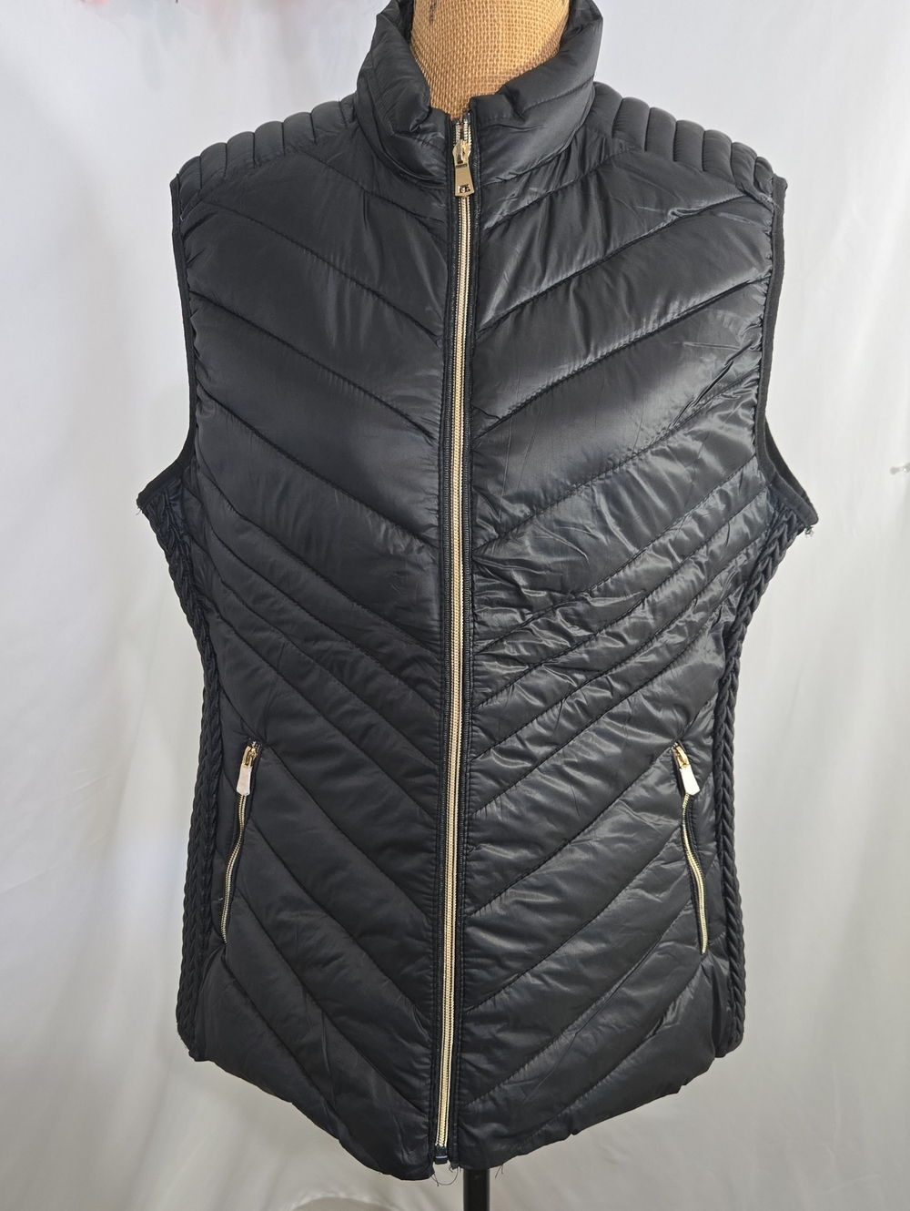 Ashley By 26 International Black Quilted Puffer Vest with Gold Zipper